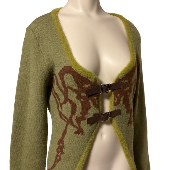 Cider Sweaters - Cider Olive Green & Brown Buckle-Front Cardigan w/ Bell Sleeves
